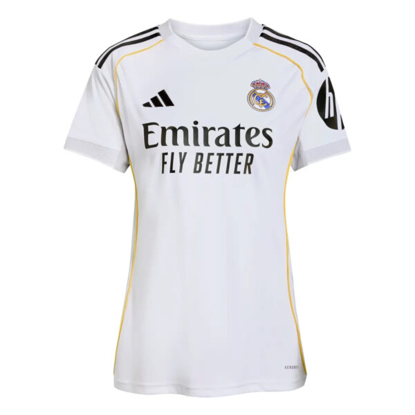 White Real Madrid football jersey featuring the club crest, Adidas logo, yellow piping, and 'Emirates Fly Better' sponsor across the chest.