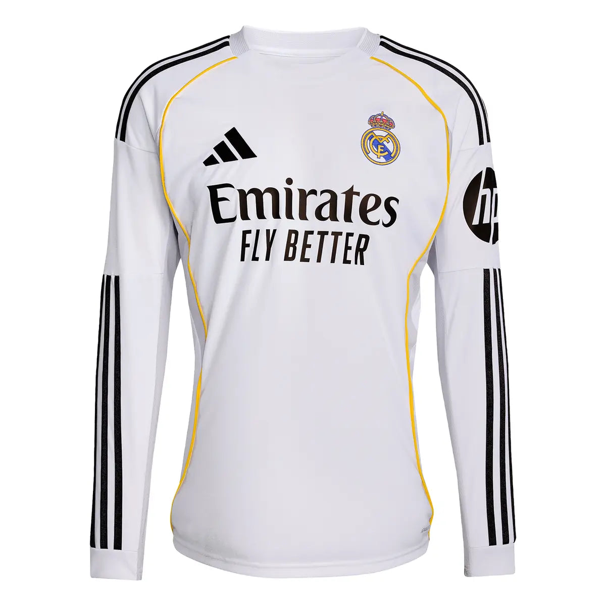RMCFMZ0905_01 | UAE SPORT STORE White Real Madrid soccer jersey with black Adidas stripes, yellow piping, and Emirates Fly Better sponsor logo on chest.