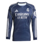 Real Madrid goalkeeper jersey in navy with white sponsor text 'Emirates Fly Better' and team crest on chest and HP/stripe side details on sleeves (informational image).
