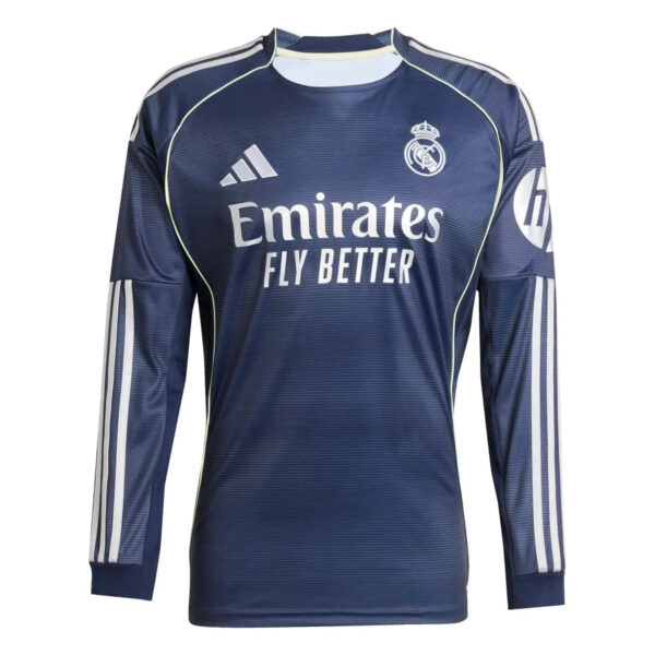 Real Madrid goalkeeper jersey in navy with white sponsor text 'Emirates Fly Better' and team crest on chest and HP/stripe side details on sleeves (informational image).