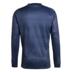 Back view of a dark blue long-sleeve athletic shirt with subtle horizontal stripes.