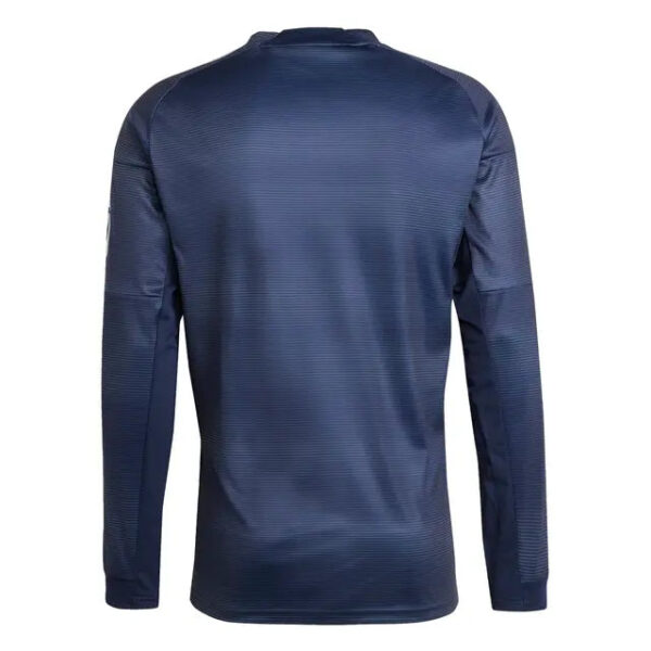 Back view of a navy blue athletic long-sleeve shirt with subtle horizontal ribbed texture on the fabric.