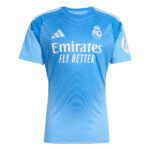 Blue Real Madrid football jersey with Emirates Fly Better sponsor and crest on the chest. Adidas logo visible on the left chest.