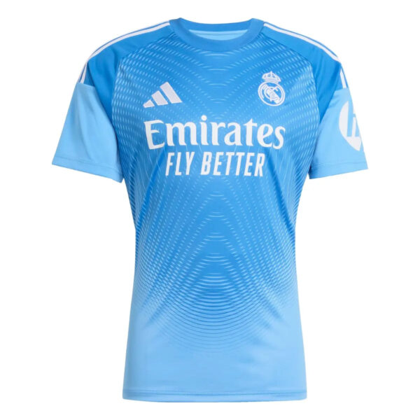 Blue Real Madrid football jersey with Emirates Fly Better sponsor and crest on the chest. Adidas logo visible on the left chest.