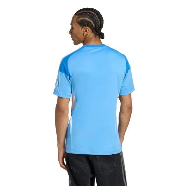 Back view of a man with braided hair wearing a light blue athletic jersey with white side panels and black jeans.