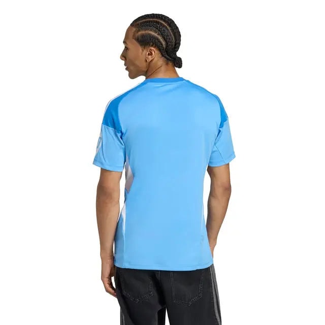 RMCFMZ0916_05 | UAE SPORT STORE Back view of a man with braided hair wearing a light blue athletic jersey with white side panels and black jeans.
