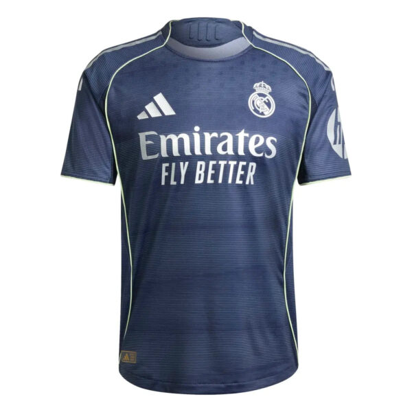Navy Real Madrid football jersey with Emirates Fly Better sponsor, Adidas logo, and club crest on the chest.