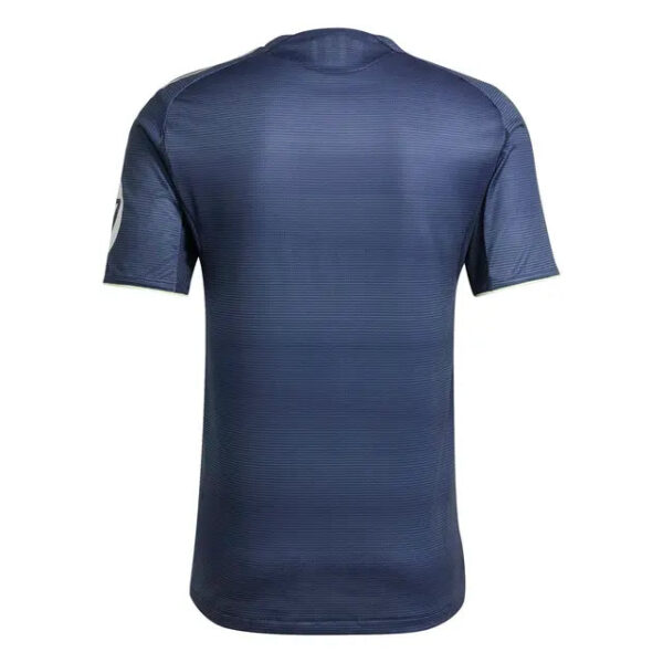 Back view of a navy blue textured short-sleeve athletic shirt with subtle horizontal stripes.