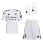 Real Madrid white football kit: jersey with Emirates Fly Better sponsor, shorts with club crest, and white socks