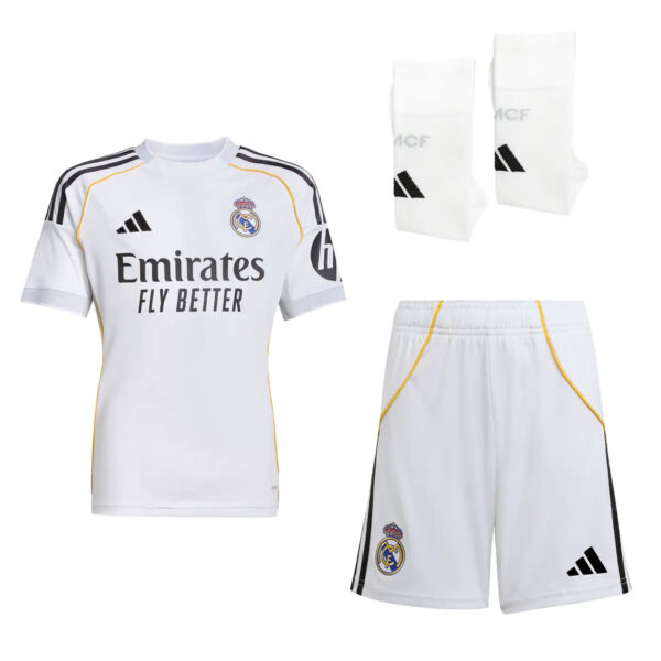 Real Madrid white football kit: jersey with Emirates Fly Better sponsor, shorts with club crest, and white socks