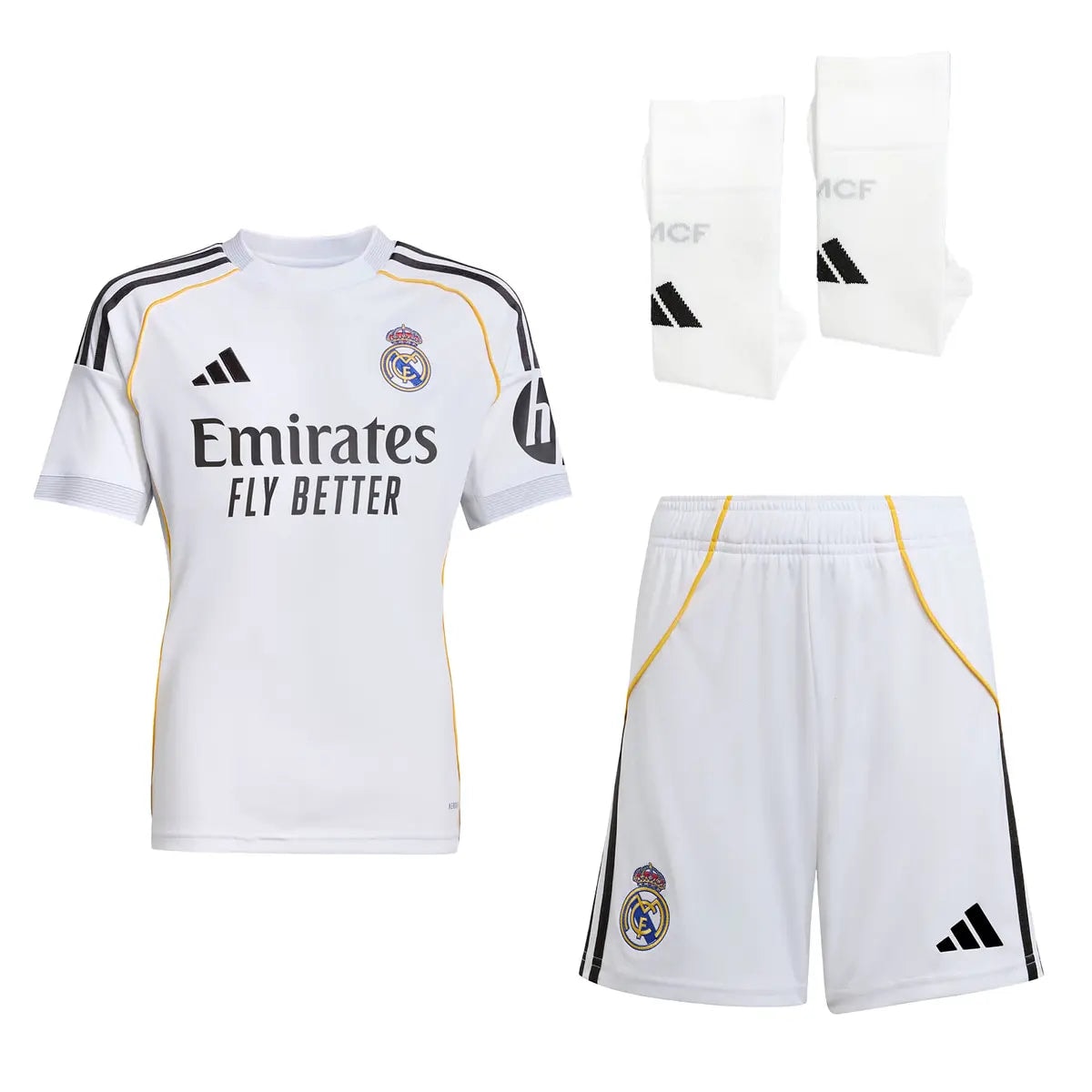 RMCFYO0093_01-1 | UAE SPORT STORE Real Madrid white football kit: jersey with Emirates Fly Better sponsor, shorts with club crest, and white socks