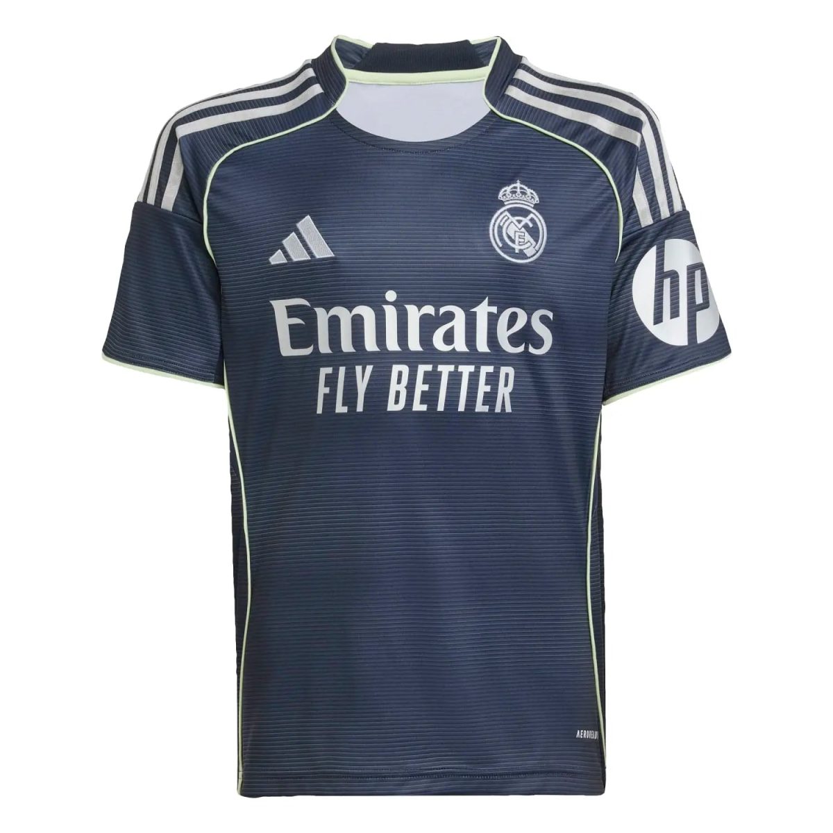 Dark blue Real Madrid jersey front with Emirates Fly Better sponsor and white crest, lime trim and Adidas stripes on shoulders.