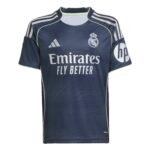 Dark blue Real Madrid jersey front with Emirates Fly Better sponsor and white crest, lime trim and Adidas stripes on shoulders.