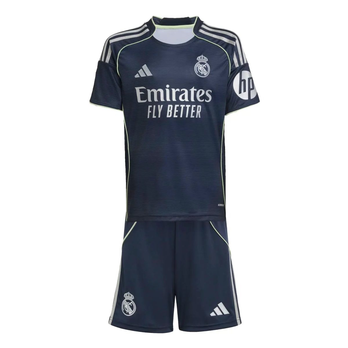 Real Madrid navy football jersey with Emirates Fly Better sponsor across the chest and HP logo on the sleeve.