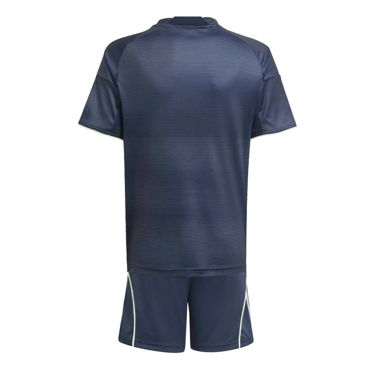 Back view of a navy blue athletic jersey with horizontal stripes and matching shorts with light piping.