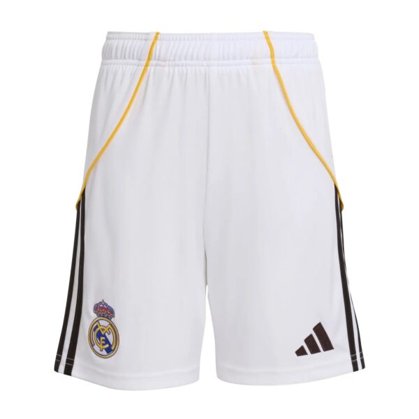 White Real Madrid football shorts with yellow piping, black side stripes, Real Madrid crest and Adidas logo visible on the left leg
