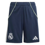 Navy-blue training shorts with lime piping and Real Madrid crest on the left leg; Adidas logo on the right leg.