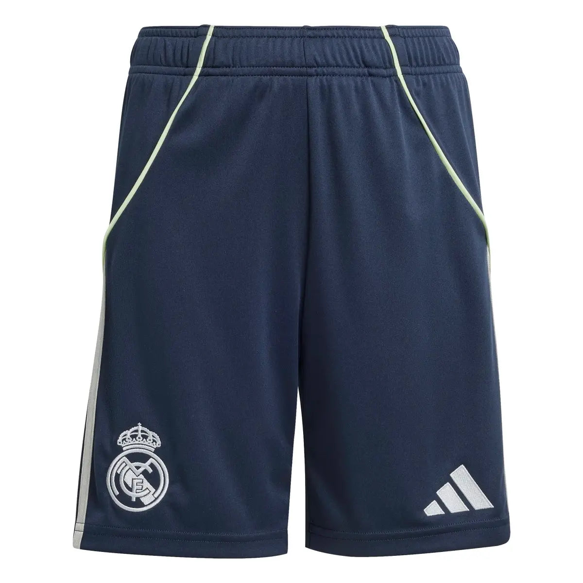 RMCFYP0089_1 | UAE SPORT STORE Navy-blue training shorts with lime piping and Real Madrid crest on the left leg; Adidas logo on the right leg.