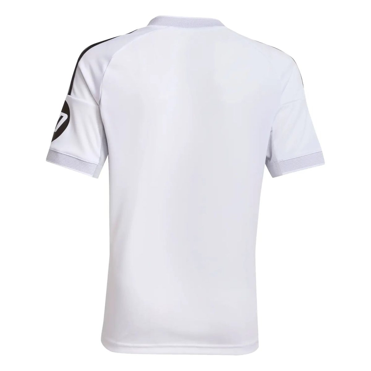 Back view of a white short-sleeve sports jersey with a black shoulder stripe and partial circular logo on the left sleeve