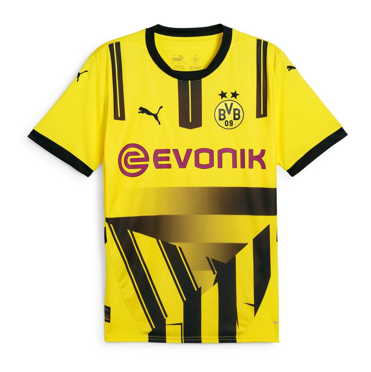 Bright yellow Borussia Dortmund football jersey with black accents, team crest, and Evonik sponsor logo on the front