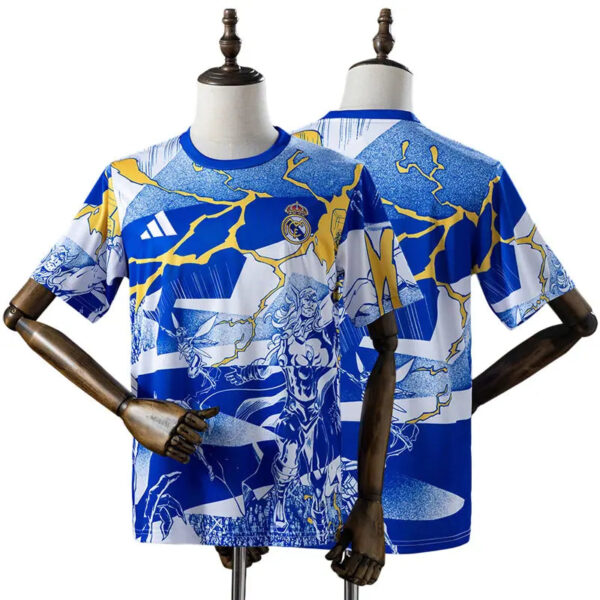 Two blue graphic T-shirts on dress forms with bold white, yellow lightning patterns and anime-style artwork (display scene).