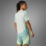 RempAXwClpeLO4o | UAE SPORT STORE Side view of a young man with dreadlocks wearing mint green athletic jersey with geometric sleeve pattern, seen from behind against a gray backdrop.