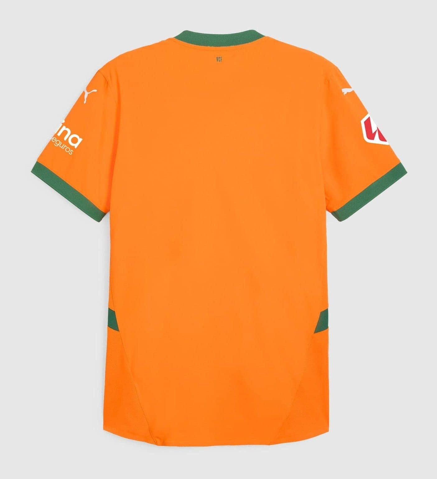 Rk4NcA2N4ubbgxv | UAE SPORT STORE Bright orange sports jersey back view with green ribbed cuffs and neckline, logo patches on sleeves visible