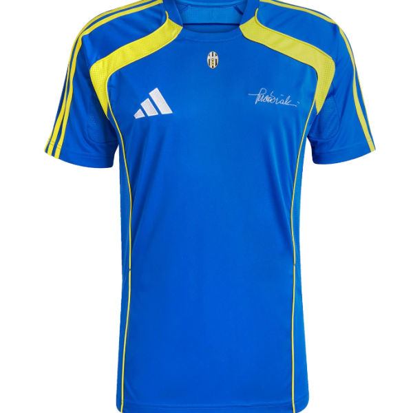 Blue athletic jersey with yellow piping, white Adidas logo, and a small chest crest.