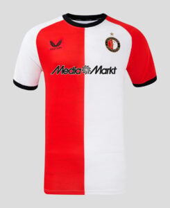 Half red and white Feyenoord football jersey with sponsor 'Media Markt' shown on front.