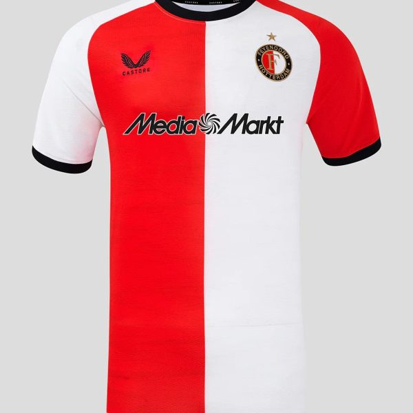 Half red and white Feyenoord football jersey with sponsor 'Media Markt' shown on front.