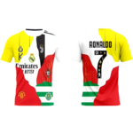 Front and back view of a Cristiano Ronaldo Portugal football jersey with white, red, green panels and yellow sleeves on both sides.