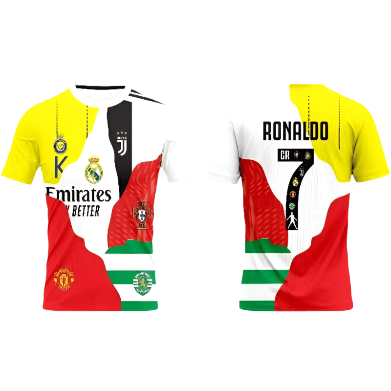 S9a159aa4e1674c3ebb04ca8f19c93215I | UAE SPORT STORE Front and back view of a Cristiano Ronaldo Portugal football jersey with white, red, green panels and yellow sleeves on both sides.