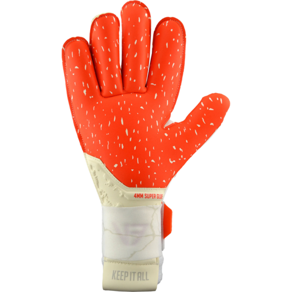 Bright orange goalkeeper glove with white speckles and a beige wrist strap, labeled 4MM SUPER GLUE, against a white background.