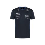 Front view of a navy Williams Racing team shirt with multiple sponsor logos (Gulf, Komatsu, Kraken, Myprotein, Stephens, Duracell) and blue collar trim.