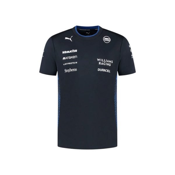 Front view of a navy Williams Racing team shirt with multiple sponsor logos (Gulf, Komatsu, Kraken, Myprotein, Stephens, Duracell) and blue collar trim.