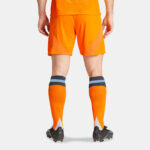 Back view of a soccer player wearing bright orange shorts and knee-high orange socks with two blue stripes, standing in black cleats on a light background.