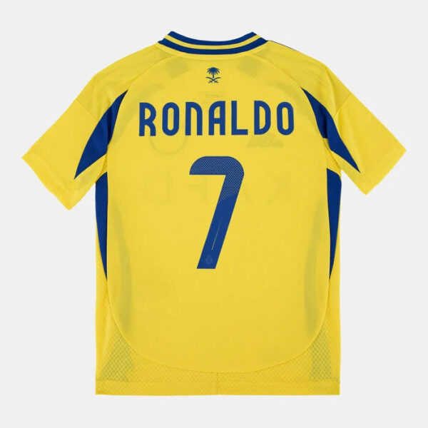 Back view of a yellow football jersey with blue trim, showing the name RONALDO and the number 7.