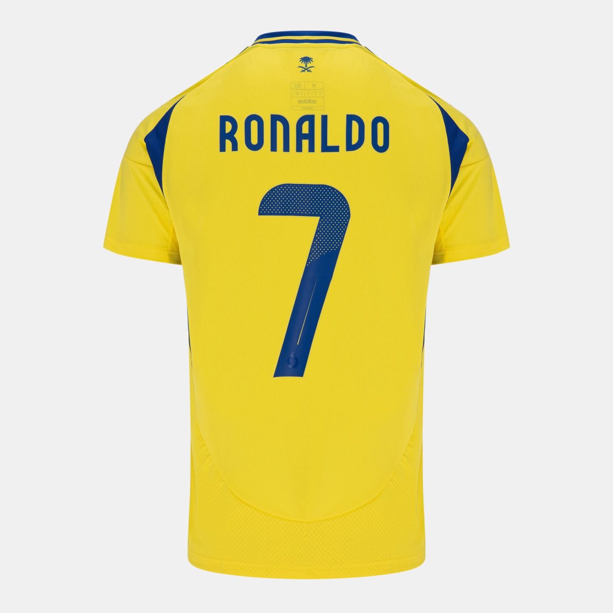 Yellow soccer jersey back showing the name Ronaldo and the number 7 in blue inked letters and digits.