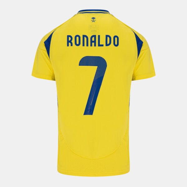 Yellow soccer jersey back showing the name Ronaldo and the number 7 in blue inked letters and digits.