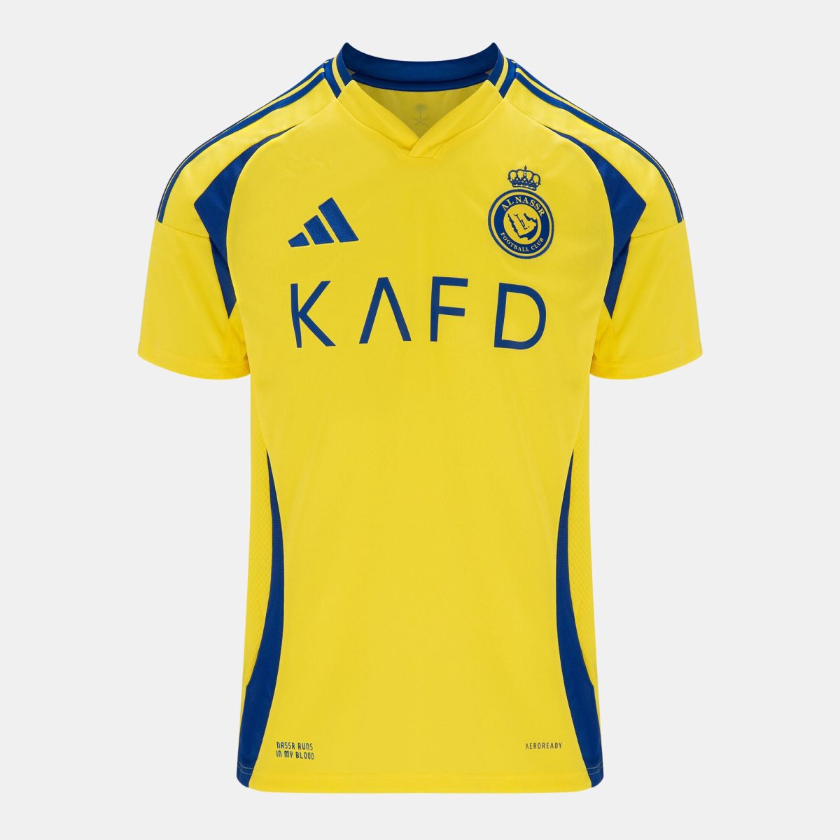 Yellow football jersey with blue trim and crest reading 'Al Nassr Football Club' on the chest, and blue lettering partially visible across front.