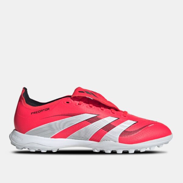 Close-up of a bright red running shoe showing branding and a white midsole on a light background.