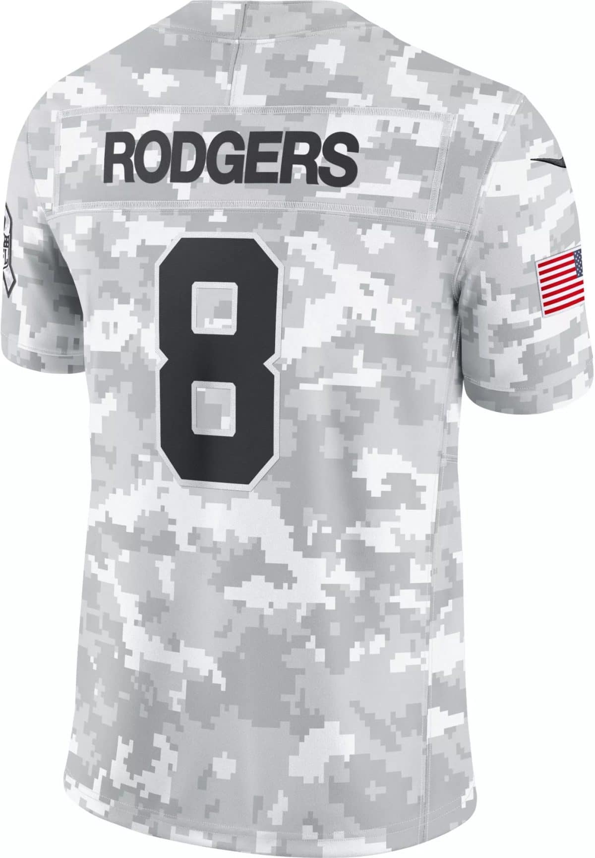 Back view of a gray digital-camouflage football jersey with the name RODGERS and the number 8 on the back, sleeve flag visible on the right