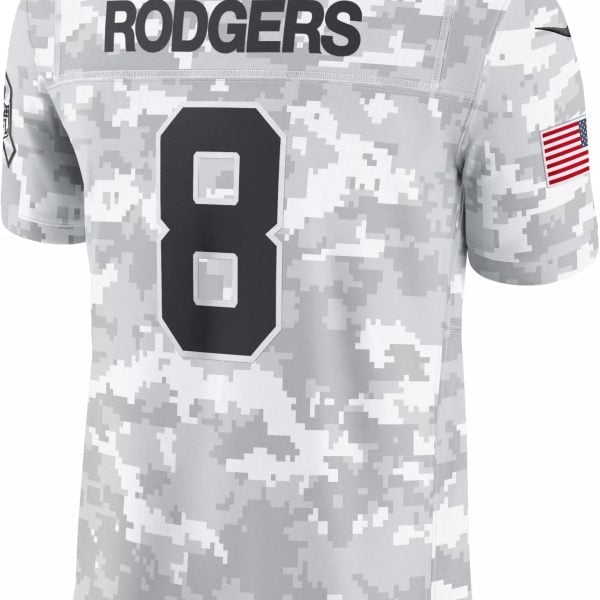 Back view of a gray digital-camouflage football jersey with the name RODGERS and the number 8 on the back, sleeve flag visible on the right