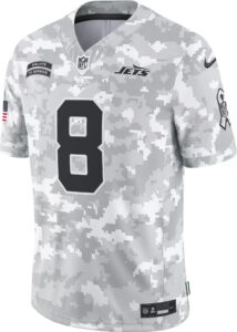 SSVM09SAF3PQ03_WhiteCamo_FRT | UAE SPORT STORE Gray digital-camo Jets NFL jersey with large number 8 and multiple patches (Salute to Service, NFL logo) visible.