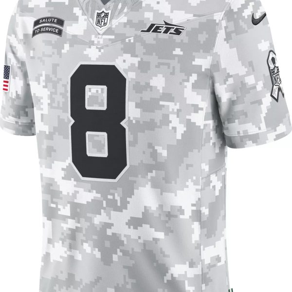 Gray digital-camo Jets NFL jersey with large number 8 and multiple patches (Salute to Service, NFL logo) visible.