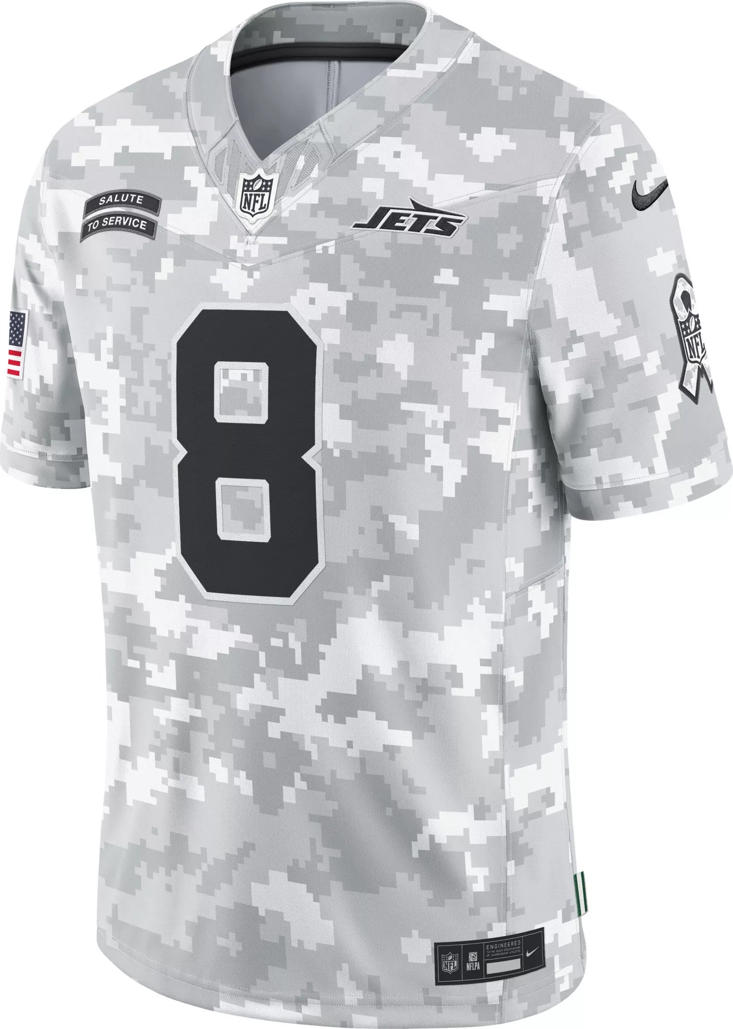 SSVM09SAF3PQ03_WhiteCamo_FRT | UAE SPORT STORE Gray digital-camo Jets NFL jersey with large number 8 and multiple patches (Salute to Service, NFL logo) visible.