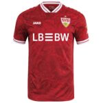 Red soccer jersey with white trimmed collar and sleeves, team crest on left chest and 'LB BW' sponsor across the front (front view).