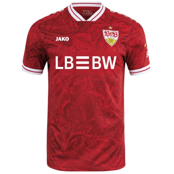 Red soccer jersey with white trimmed collar and sleeves, team crest on left chest and 'LB BW' sponsor across the front (front view).