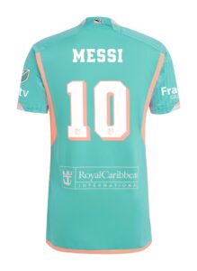 Back view of teal Messi jersey with peach trim, large number 10 and 'Royal Caribbean International' sponsor.