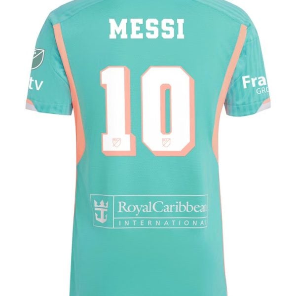 Back view of teal Messi jersey with peach trim, large number 10 and 'Royal Caribbean International' sponsor.